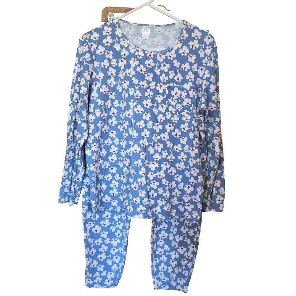 Calida Pajama Set Womens S Blue Floral Cotton Switzerland Lounge Cozy PJs Sleep